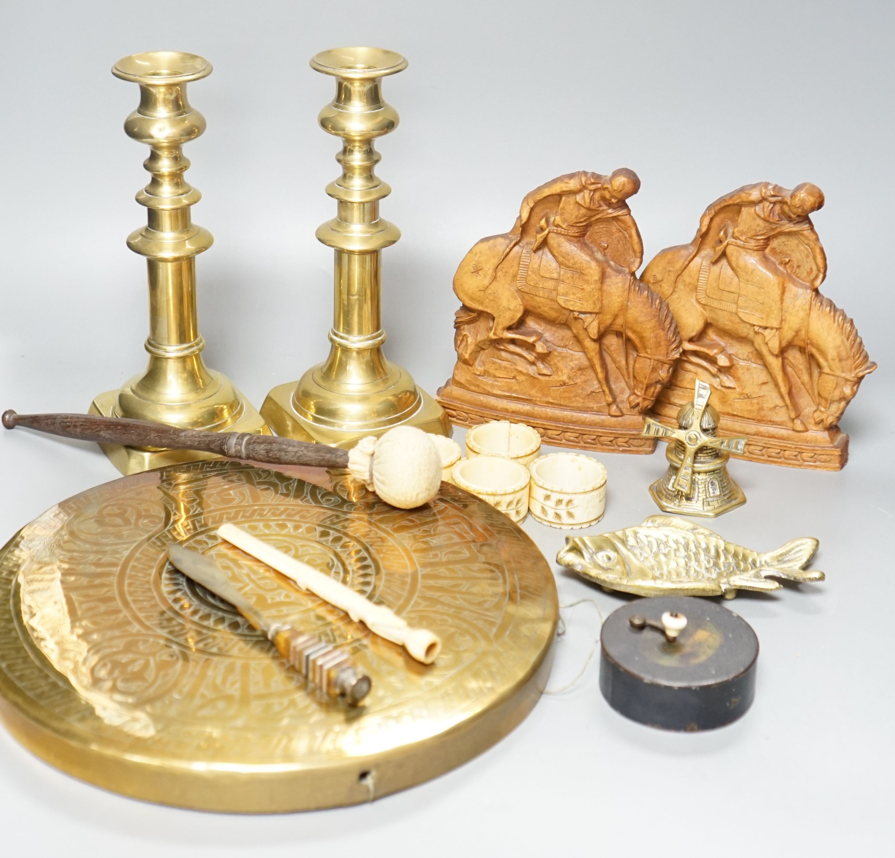 Mixed brass wares, candlesticks, gong etc together with mixed collectibles - music box, ivory, bone etc